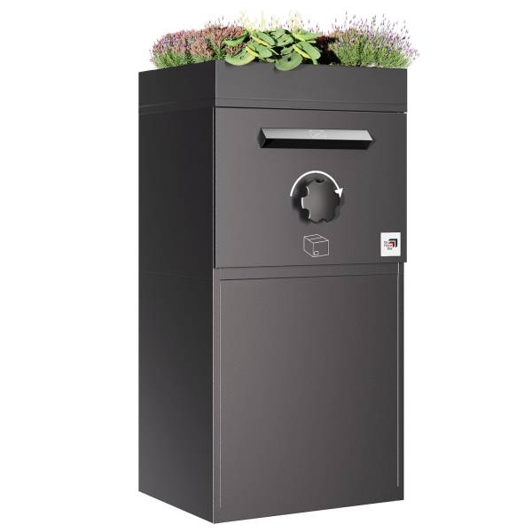 Paketbox Bremen mit Pflanzdach - Größe XL in Schwarz | rückseitige Entnahme - freistehend